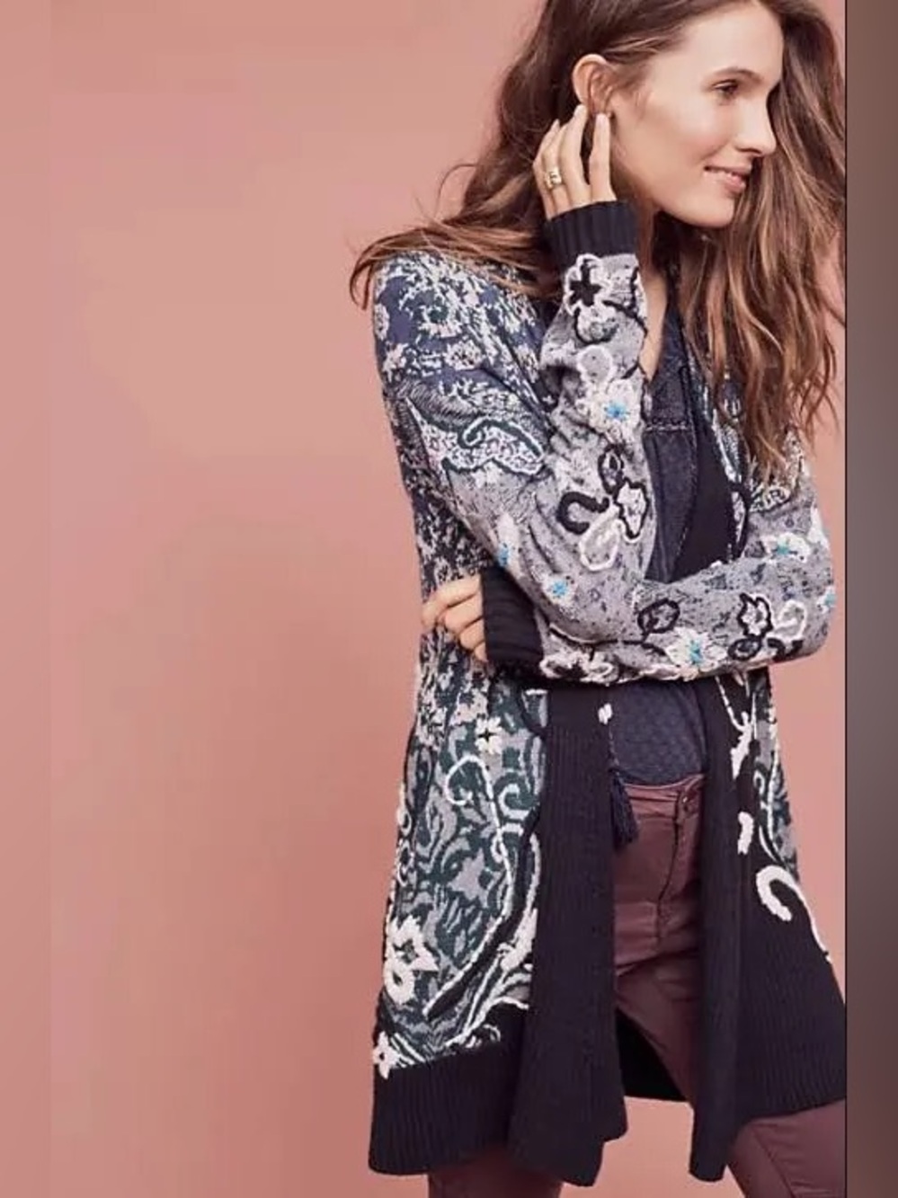 Anthropologie HWM Embroidered Open Front Cardigan Sweater Wool Emmia Boho XS